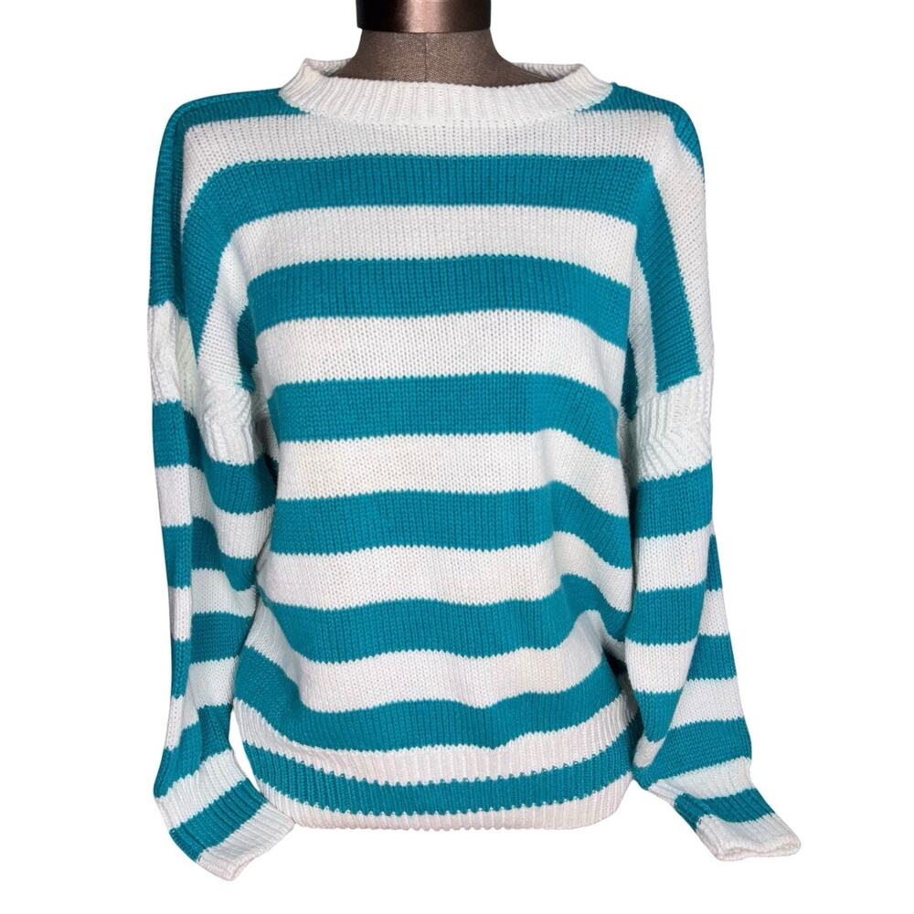 VTG 90s Gap Clothing Co Sweater Women Small Teal Blue White Stripe Ramie Cotton